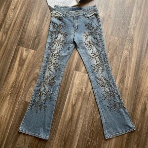Cat's Eye Stone Beads Embroidery Flare Denim Pants Size: 27